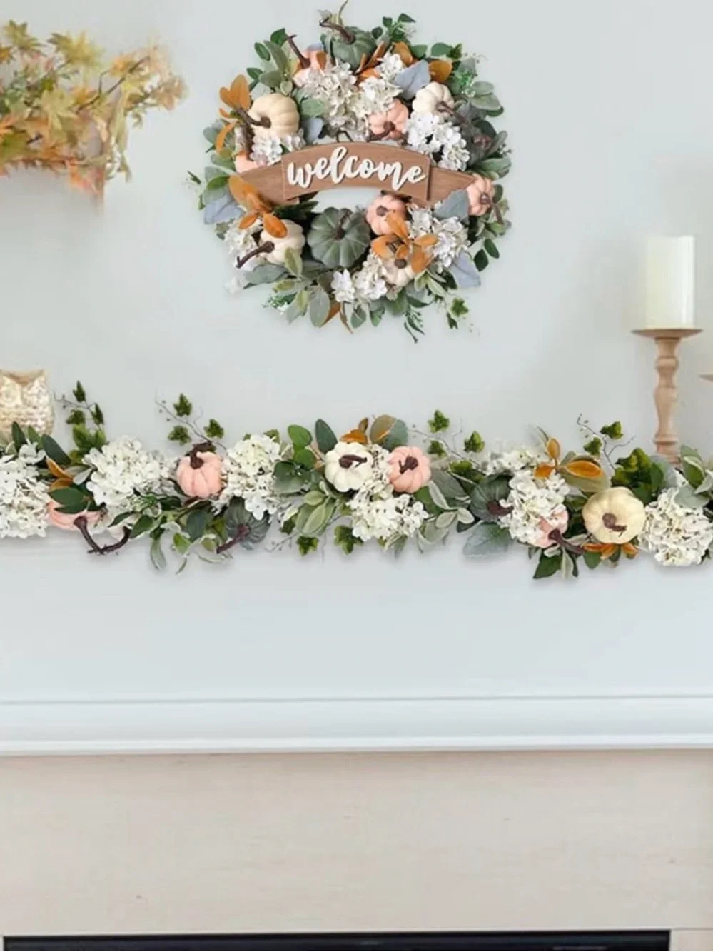 New Fall Pumpkin & Hydrangea garland Peach, White, Green boho farmhouse